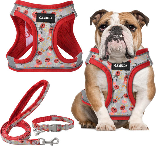 GAMUDA Small Dog Harness Collar and Leash Set, Step in No Chock No Pull Soft Mesh Adjustable Dog Vest Harnesses Plaid Reflective for Dogs Puppy Cats Kitten Rabbit (Red Flower, L)