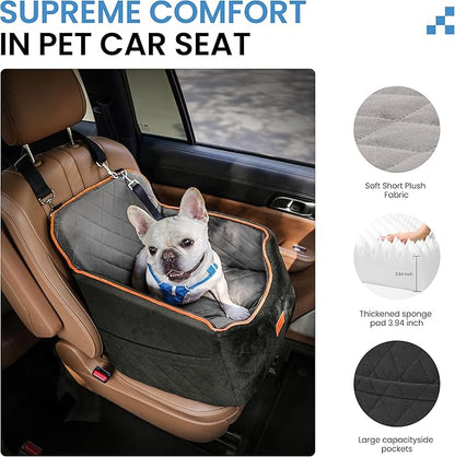 Dog Car Seat for Small Dogs - Puppy Car Seat with Safety Strap & Waterproof Padding, Portable Pet Carrier for Cars, Trucks & SUVs, Comfortable Elevated Bed for Pets Up to 35lbs (Black/Grey)