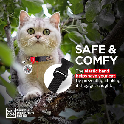 WAUDOG Nylon Cat Collar with Removable Bell and QR ID Tag for Small, Medium and Large Breeds Adjustable Long Lasting Durable Kitten Collars Boy & Girl