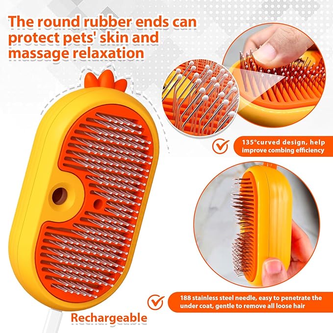 Cat Steam Brush with Release Button, 3 in 1 Rechargeable Pet Spray Water Comb for Long & Short Hair Removal, Self Cleaning Slicker Vapor Brush for Indoor Cats Dogs Rabbits Shedding Grooming