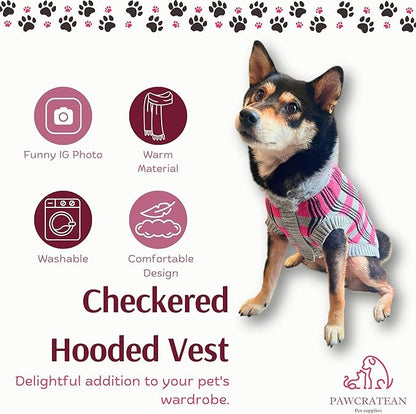 Cute Sweater for Dogs and Cats Soft Flannel Pet Outfit Warm and Cozy Animal Hoodie Small to Large Pet Clothes for Halloween Parties and Everyday Wear (Small, Pink Checkered with Hat)