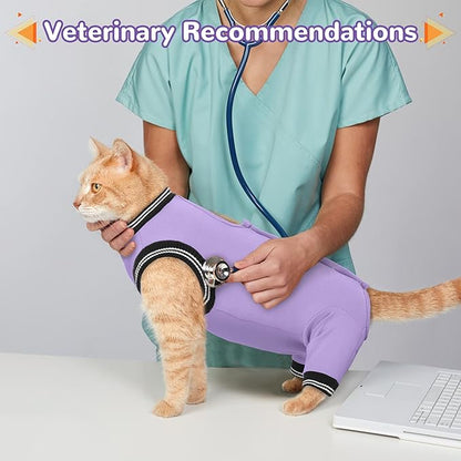 PUMYPOREITY Cat Recovery Suit for Hind Legs, Cat Surgical Spay Suit with Leg Sleeves to Stop Licking, Long Rear Sleeve Wound Cover Abdomen Kitten Onesie, Purple, XL