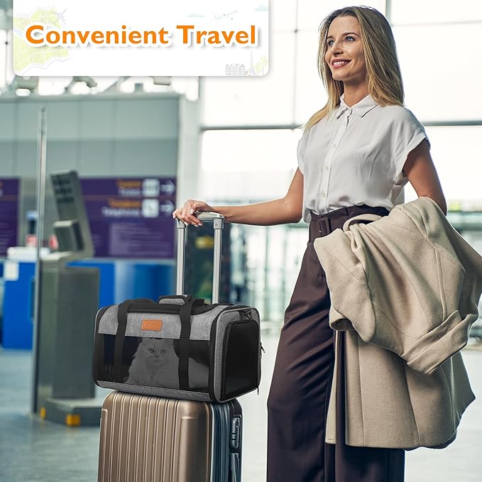 PETUX TSA Approved Pet Carrier in Cabin, 17"x11"x9.5" Soft Cat Carriers for Small Cat up to 12 lb, Top-Open Portable and Breathable Pet Carrier Airline Approved for Travel and Vet Visit, Grey