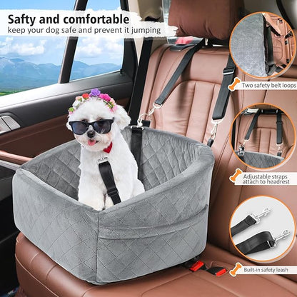 Dog Car Seat for Small Dogs,Detachable Washable Dog Booster Seat for Medium Dogs Under 30lbs, Pet Car Seat Travel Bed with Storage Pockets and Dog Safety Belt (Grey)