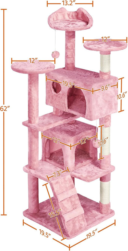 Yaheetech 62in Cat Tree Tower for Indoor Cats, Kitten Furniture with Double Condo, Scratching Posts, Multiple Platforms and Balls for Kitty, Pink