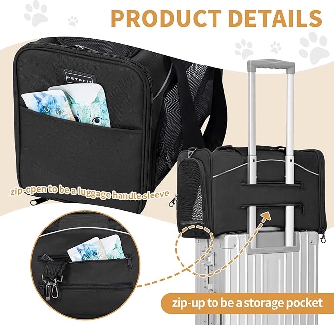 Petsfit Airline Approved Pet Carrier for Small Cats, 15x8x10 TSA Approved Carrier, with Removable Dual-Sided Padding (2-Way Placement) - Fits Under Most Airplane Seats, Escape Proof (Black)