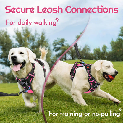 Eagloo Dog Harness for Large Dogs, Easy Wearing with 3 Buckles, Adjustable No Pull Pet Harness with 2 Rings for Walking, No Chock Reflective Soft Padded Vest with Control Handle, Pink & Black, XL