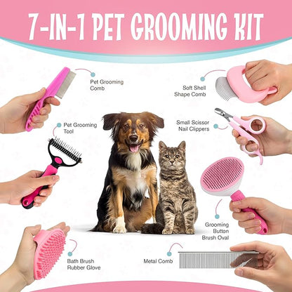 7-in-1 Pet Grooming Kit for Dogs & Cats Deshedding Brush, Bath Brush, Flea Comb, Nail Clipper & Massage Glove Complete Grooming Set for Small & Large Pets