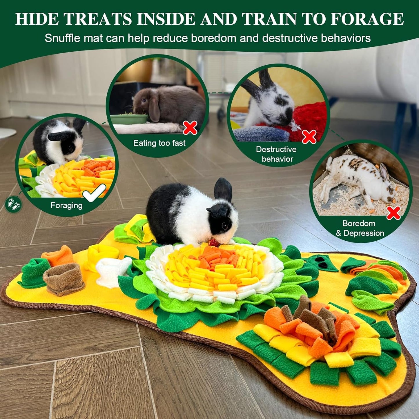 Rabbit Foraging Mat Snuffle Mat, Interactive Bunny Toys Feed Game for Boredom, Small Pet Puzzle Toy, Yuoaes 17.3" x 25.5" Polar Fleece Nosework Feeding Mat for Rabbits, Guinea Pigs, Ferrets