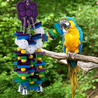 Large Bird Parrot Toys with Bells- Parrots Cage Chewing Toy Gift with Colorful Wood Blocks Beads- Bird Parrot Chewing Sticks Toys for Cockatoos African Grey Macaws and Amazon Parrots(Grape Style)
