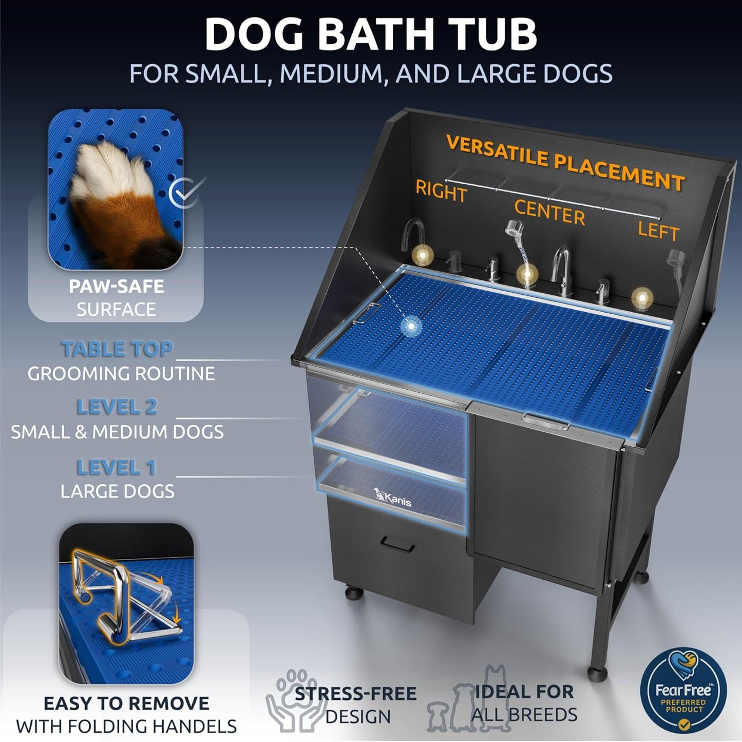 KANIS Black Line Professional Dog Washing Station - 304 Stainless Steel Pet Wash Sink & Grooming Bathtub w/Shower, Floor Grates and Storage for Large, Medium & Small Pets (40", 1 Drawer - Right Ramp)