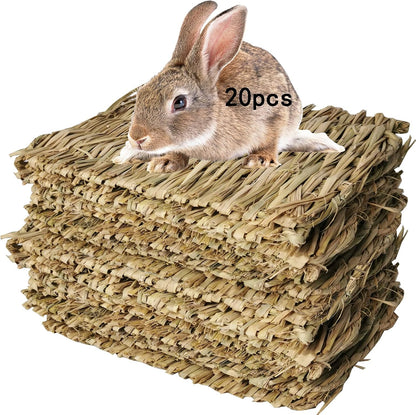 Hamiledyi 20 Pack Bunny Grass Mat Woven Bed Mat Natural Straw Hay Mats Rabbit Handmade Bedding Sleeping Grinding Nesting and Chewing Toy for Guinea Pig Hamster Chinchilla Squirrel Hedgehog