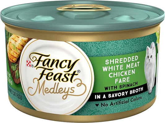 Purina Fancy Feast Wet Cat Food Medleys Shredded White Meat Chicken Fare With Spinach in Savory Cat Food Broth - (Pack of 24) 3 oz. Cans