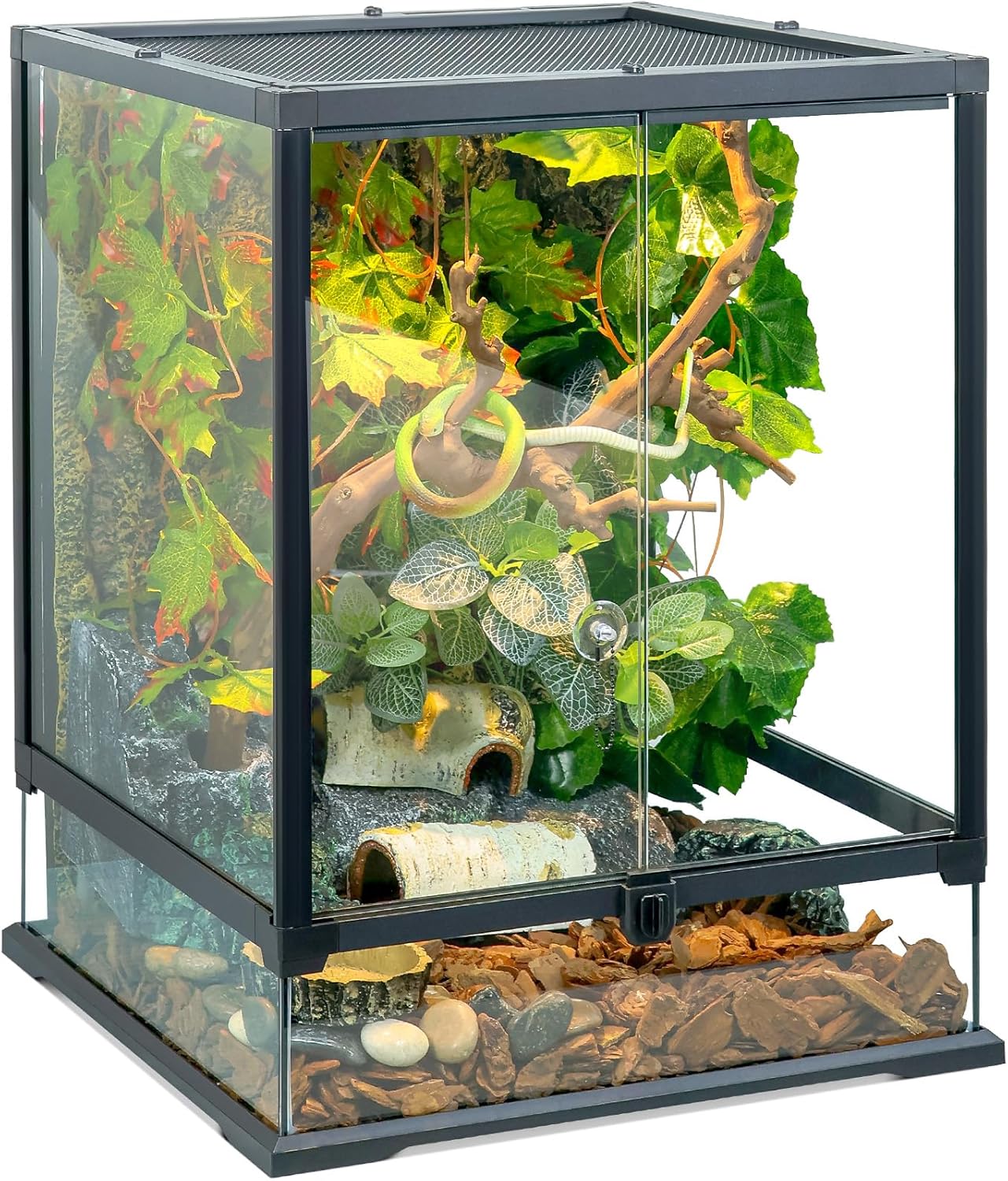 24x18x18'' Glass Reptile Tank Front Opening Terrarium Suitable for Leopard Geckos, Snakes, Tree Frogs, Chameleons,Watertight Base, Ventilated Metal Mesh Top, Pre-Drilled Cable Holes