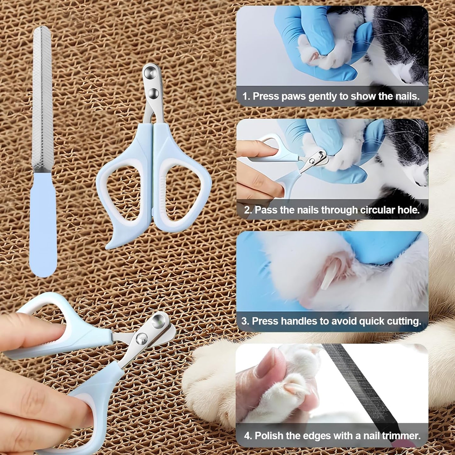 Cat Grooming Kit, 4-in-1 Cat Grooming Tools with Cats Brush, Flea Comb, Nail Clipper & Trimmer - Deshedding & Dematting for Pets Hair and Paws, Pet Shedding Set for Indoor Dogs & Cats (Blue)