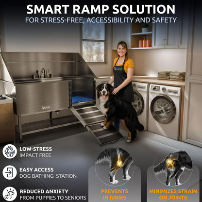 KANIS Professional Dog Washing Station - 304 Stainless Steel Pet Wash Sink & Grooming Bathtub w/Shower, Floor Grates and Storage for Large, Medium & Small Pets (61", Shelf - Right Ramp)