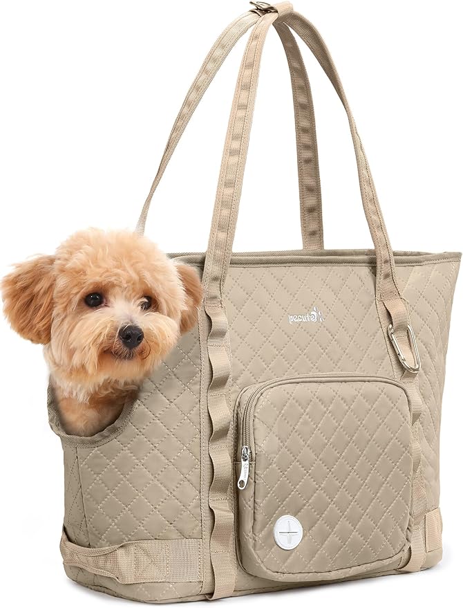 Pecute Dog Purse Carrier, Dog Carrier with Pockets for Small Dogs, Fits Dogs 5.5 lbs to 11 lbs, Cat and Puppies Tote Bag, Outing, Travel, Vet, Khaki