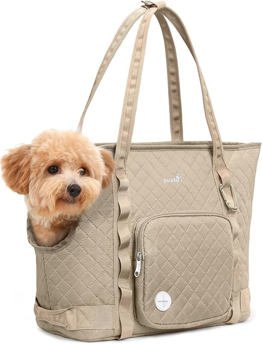Pecute Dog Purse Carrier, Dog Carrier with Pockets for Small Dogs, Fits Dogs 5.5 lbs to 11 lbs, Cat and Puppies Tote Bag, Outing, Travel, Vet, Khaki