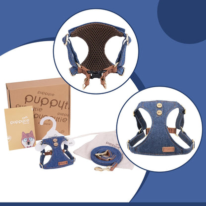 No Pull xs Dog Harness with Multifunction Dog Leash,Soft Adjustable No Choke Escape Proof Pet Harness Vest,Denim Blue,XS