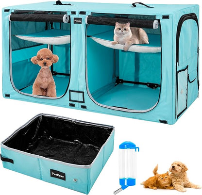 Huge Sapce Double Compartment Cat Travel Carrier with Litter Box & Homack | Cat Show Kennel Cage Crate with Mat & Water Bottle