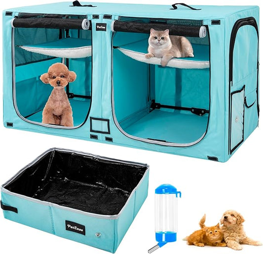 Huge Sapce Double Compartment Cat Travel Carrier with Litter Box & Homack | Cat Show Kennel Cage Crate with Mat & Water Bottle