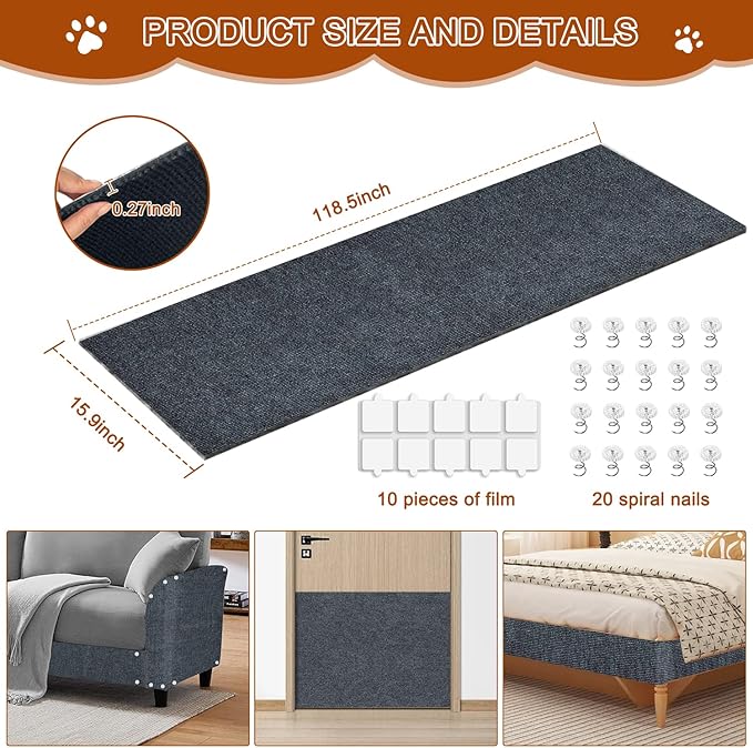 Cat Scratch Mat,118.5"x15.9" Trimmable Self-Adhesive Cats Scratch Carpet,Couch Protector from Cats Claw, Cat Scratch Furniture Protector, Indoor Furniture Protection for Chair, Wall,Sofa(Dark Gray)