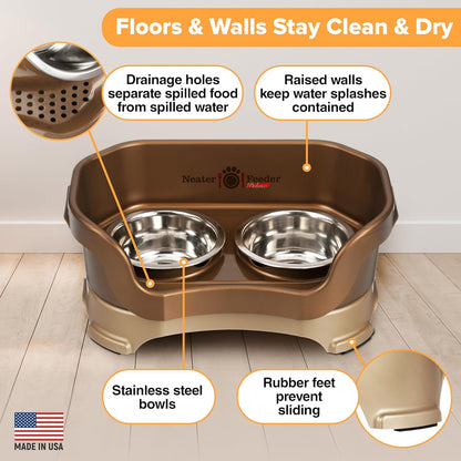 Neater Feeder Deluxe Mess Proof Cat Bowls Elevated for All Breeds – Made in USA – No Spill Raised Bowls for Indoor Cats – Stainless Steel Food and Water Bowl Set, Pet Dish Feeding Station, Bronze