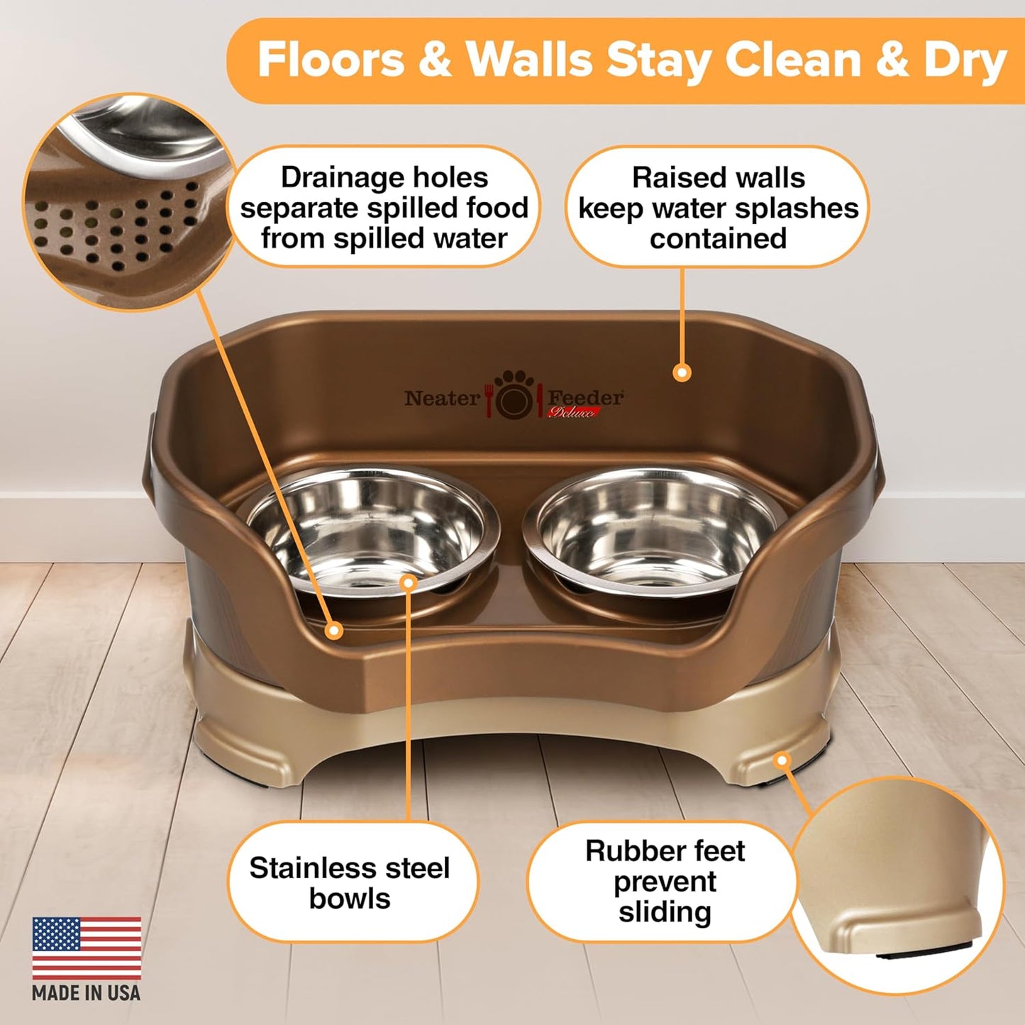 Neater Pet Brands Neater Feeder Deluxe Mess Proof Dog Bowls Elevated for Small Dogs Under 19 lbs, Made in USA, No Spill Raised Dog Food Bowl Stand Feeding Station, Food and Water Bowl Set, Bronze