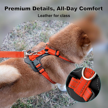 Plutus Pet Adjustable No Pull Dog Harness with Leather Accents, Heavy Duty Reflective Nylon Vest for Training, Hiking, Easy Walk Harness for Small, Medium, Large Dogs (Orange, XL)