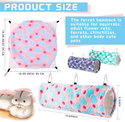 Sweetude 6 Pcs Rat Hammock Set Ferret Hanging Tunnel 3 Tier Guinea Pig Hammocks Hideout Soft Chinchilla Bed for Cage Accessories Hide,Play and Sleep(Lovely,Heart)