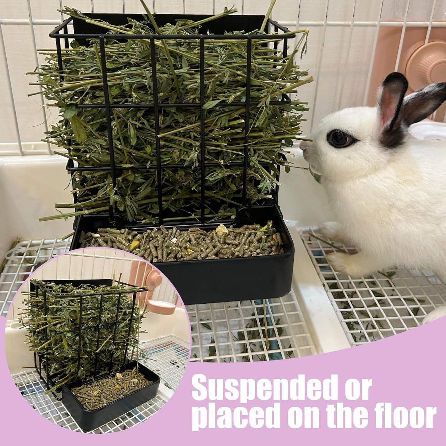 Rabbit Hay Feeder Guinea Pig Hay Feeder, Hay and Food Holder with Hook Heavy-Duty Metal Frame Hay Rack，for Bunny, Guinea Pigs,Chinchillas， Comes with Two Multifunctional Zippers-6.8x6.7x6.6inch