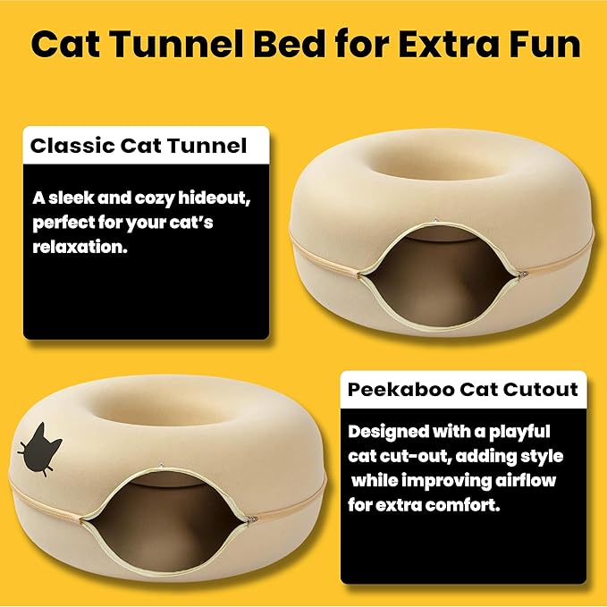 Laluz 2021 Large Cat Tunnel Bed for Multiple & Large Cats Up to 30 Lbs with 2 Toys, Scratch Resistant, Comfy Donut, Detachable & Washable Cat Donut Tunnel Bed (Beige)