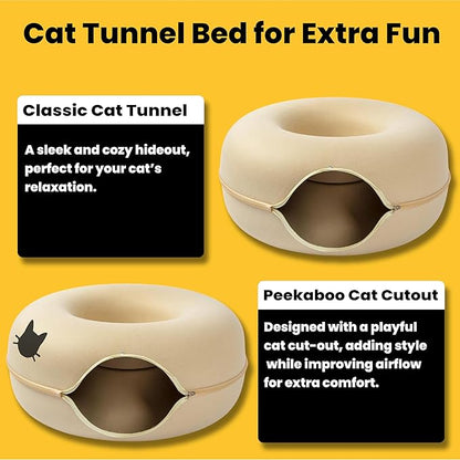 Laluz 2021 Large Cat Tunnel Bed for Multiple & Large Cats Up to 30 Lbs with 2 Toys, Scratch Resistant, Comfy Donut, Detachable & Washable Cat Donut Tunnel Bed (Beige)