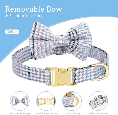 Beirui Cute Small Dog Harness Collar and Leash Set with Bowtie, Soft Adjustable Plaid Puppy Harness for Small Sized Dogs Cats Walks Parties and Photoshoots(Blue,S:Chest 17-23")