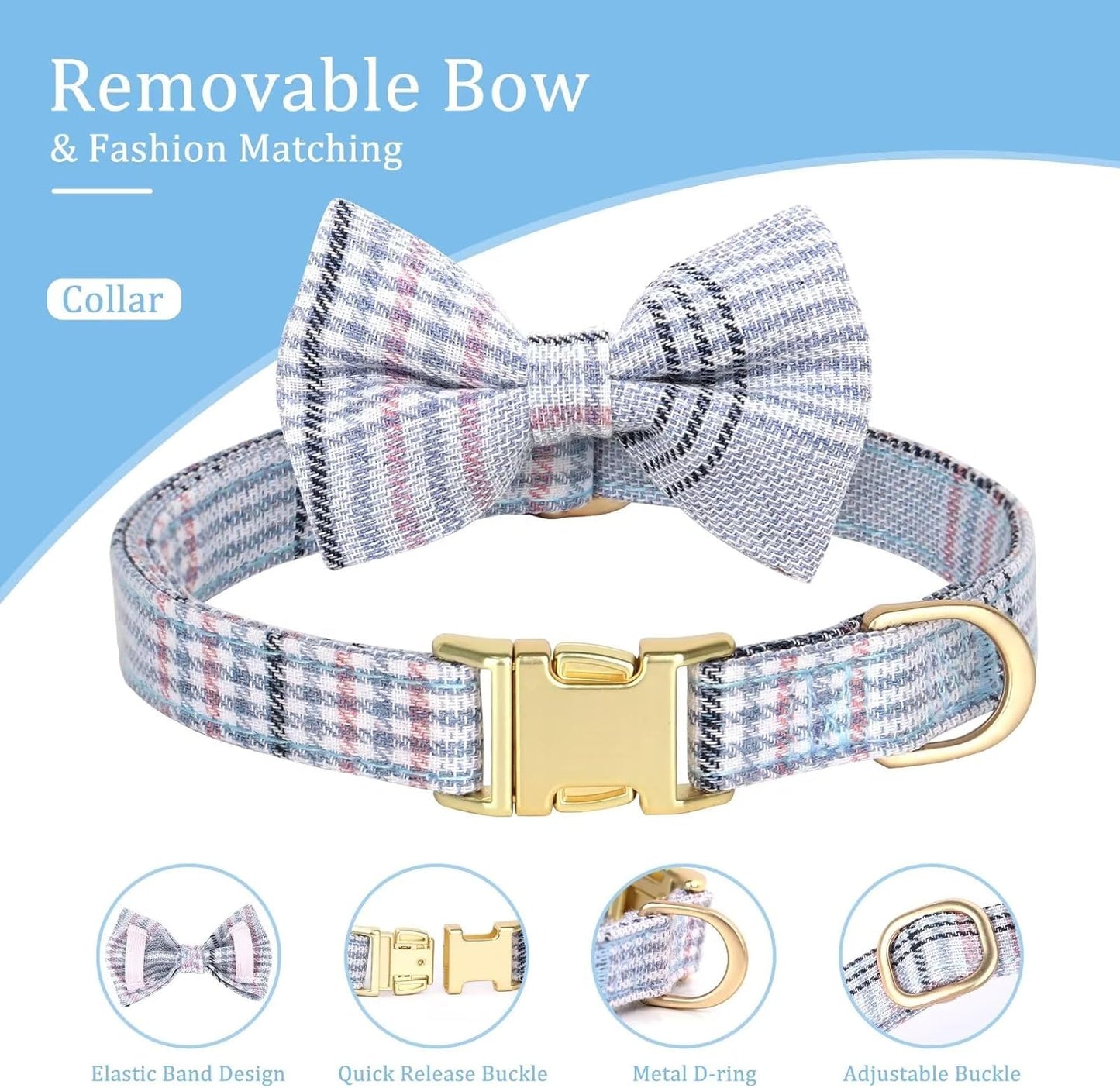 Beirui Cute Extra Small Dog Harness Collar and Leash Set with Bowtie, Soft Adjustable Plaid Puppy Harness for Small Sized Dogs Cats Walks Parties and Photoshoots(Blue,XS:Chest 13-18")