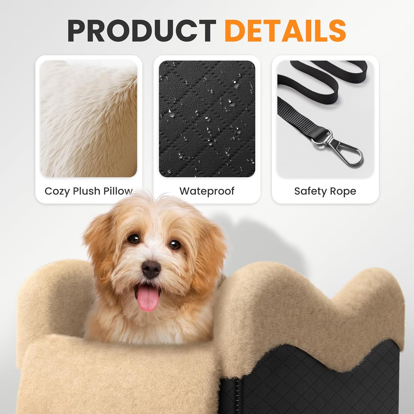 Portable Small Dog Seat for Car, Luxury Center Console Dog Car Seat Booster with Safety Tethers, Auti-Collapse Pet Travel Carseat for SUV, Truck (Black/Brown)