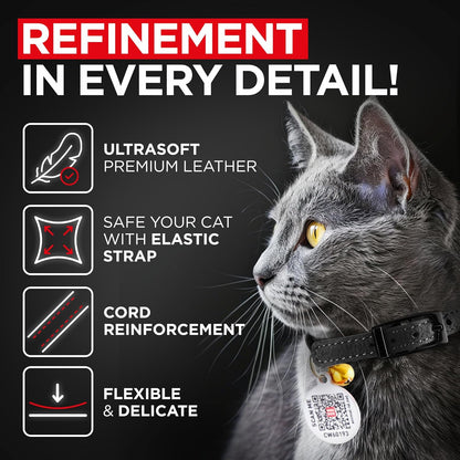 Leather Cat Collar with Bell and Safety Elastic Strap Breakaway Alternative for Small & Large Kittens, Stylish Pet Leather Collar for Boy, Girl Cats with Metal Buckle & QR ID Tag (Black)