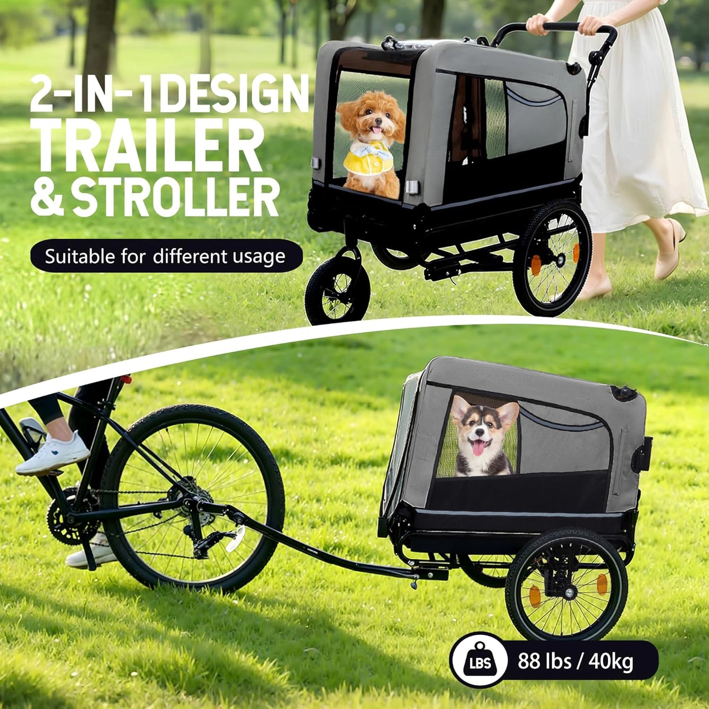 Pet Bike Trailer for Dogs, 88LBS Capacity Dog Bicycle Trailer with 20" Pneumatic Rubber Wheels, Multi-Directional Ventilation, Waterproof Cover, Perfect for Cycling with Pets