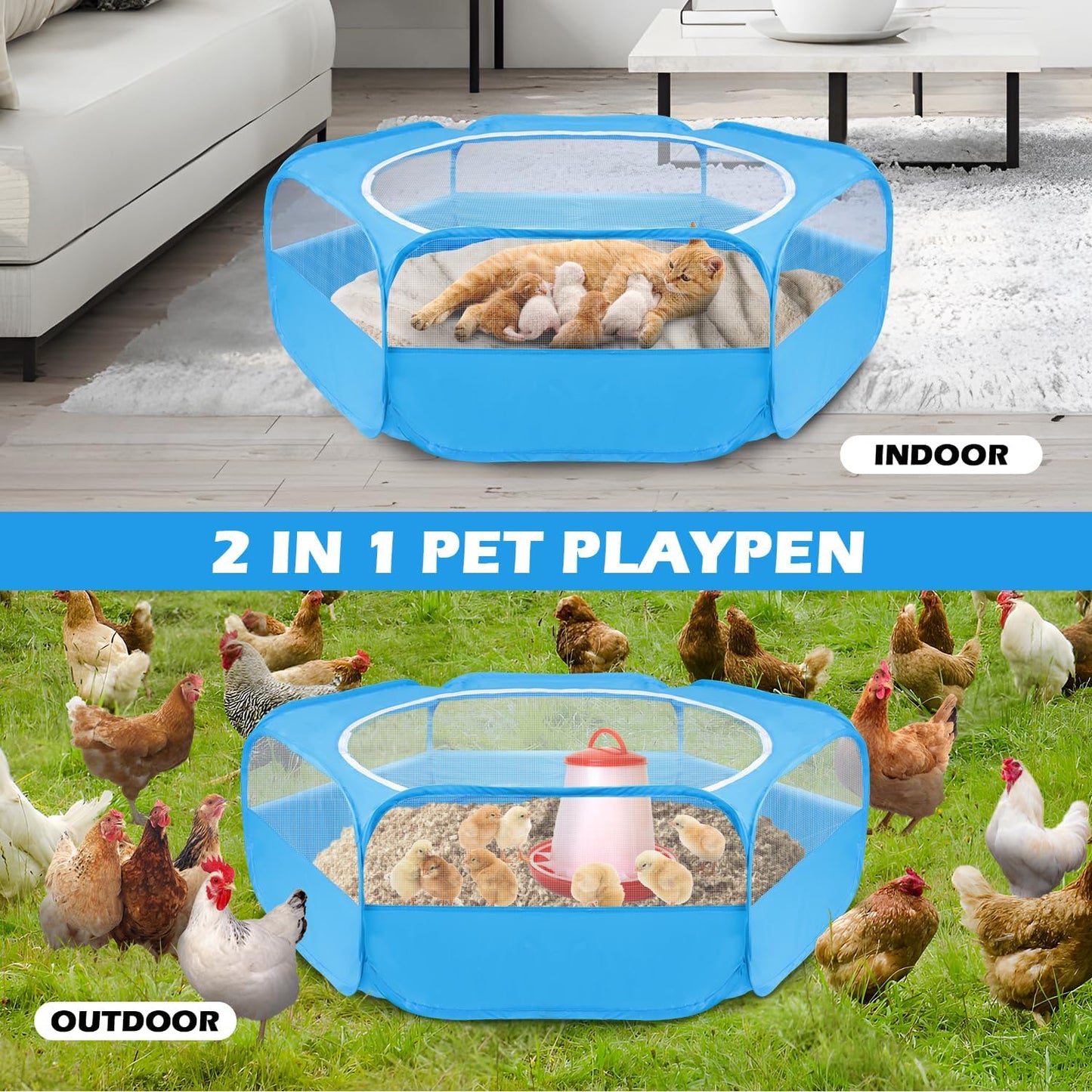 UWE Small Animal Playpen, Chicken Brooder Box with Cover Top, Portable Outdoor Exercise Pet Cage Tent, Waterproof Breathable Pet playpen Indoor for Chick Ktiien Bunny Hamster Guinea Pig, Blue