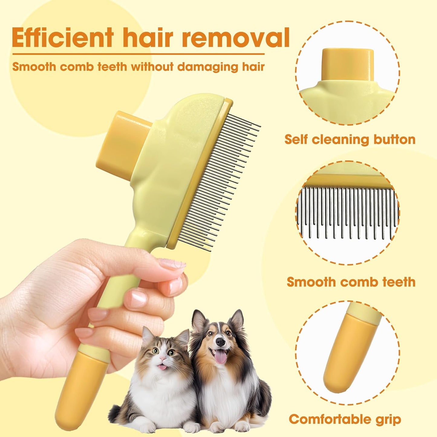 Cat Hair Brush & Dog Brush, Deshedding Brush for Long or Short Haired Pets, Removes Loose Fur, Durable Stainless Steel & ABS Design (yellow)