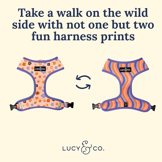 Lucy & Co. Purple with Coral Floral Wave, Cute Reversible Dog Harness Walking Halter - Best Designer Pet Harnesses for XS - XL Dogs - Padded Adjustable Vest for Easy Walking (X-Large)
