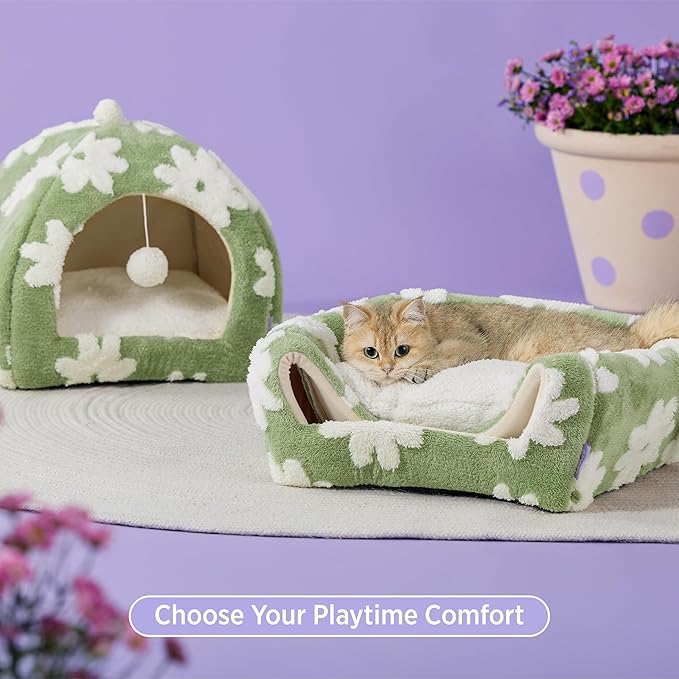 Lesure Cute Cat Beds for Indoor Cats - 2 in 1 Cat Cave Bed for Kittens and Small Pets with Removable Washable Cushioned Pillow, Cozy Ktten Tent with Non-Slip Bottom, Green, 16 inches