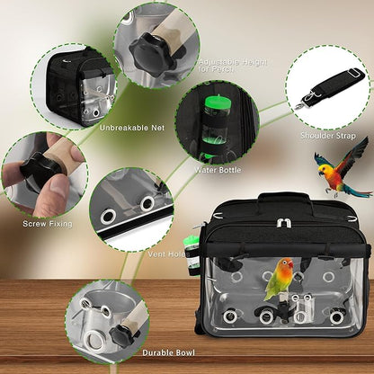 Suertree Bird Carrier Airline Approved, Bird Travel Cage with Indestructible Stainless Steel Mesh, Bird Travel Bag Lightweight and Portable with Water Bottle and Bowl