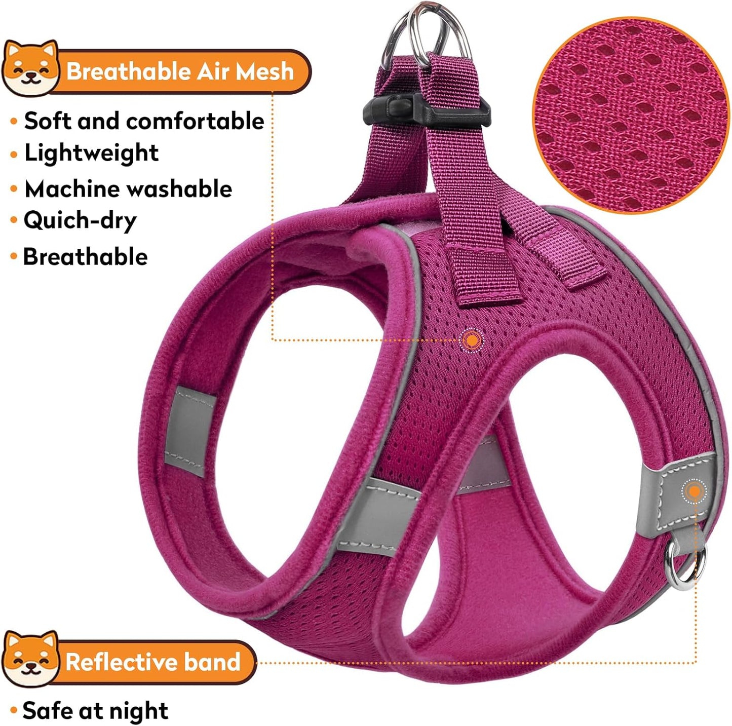 Dog Harness with Leash Set, No-Pull Step-in Reflective Pet Harness with 1 Leash Clips, Adjustable Soft Padded Easy Walk Dog Vest for Small Medium Large Dogs, Cats(Rose Red, Medium)