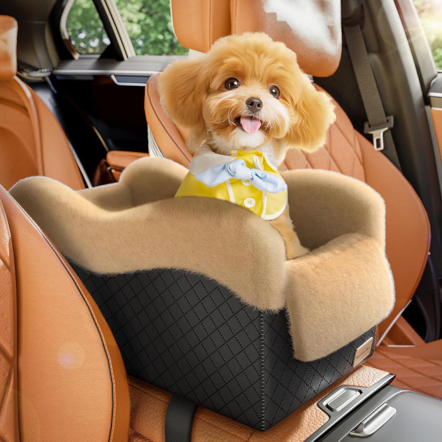 Portable Small Dog Seat for Car, Luxury Center Console Dog Car Seat Booster with Safety Tethers, Auti-Collapse Pet Travel Carseat for SUV, Truck (Black/Brown)