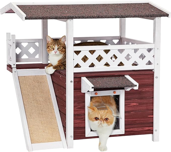 Petsfit Outdoor Cat House Weatherproof, Wooden Outside Feral Cat Shelter with Scratch, 2 Story Cat Houses for Indoor Cats Small Dogs with Escape Door(Red)