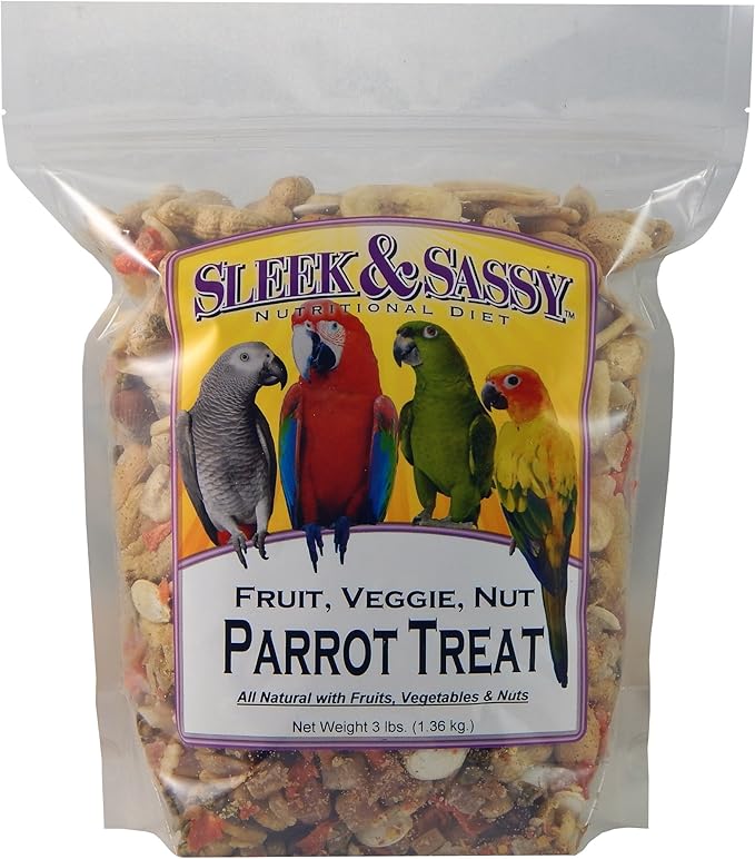 SLEEK & SASSY Fruit, Veggie, Nut Parrot Treat Perfect for Large Conures, Amazons, African Greys, Cockatoos, Pionus-Parrots & Macaws (3 lbs.)
