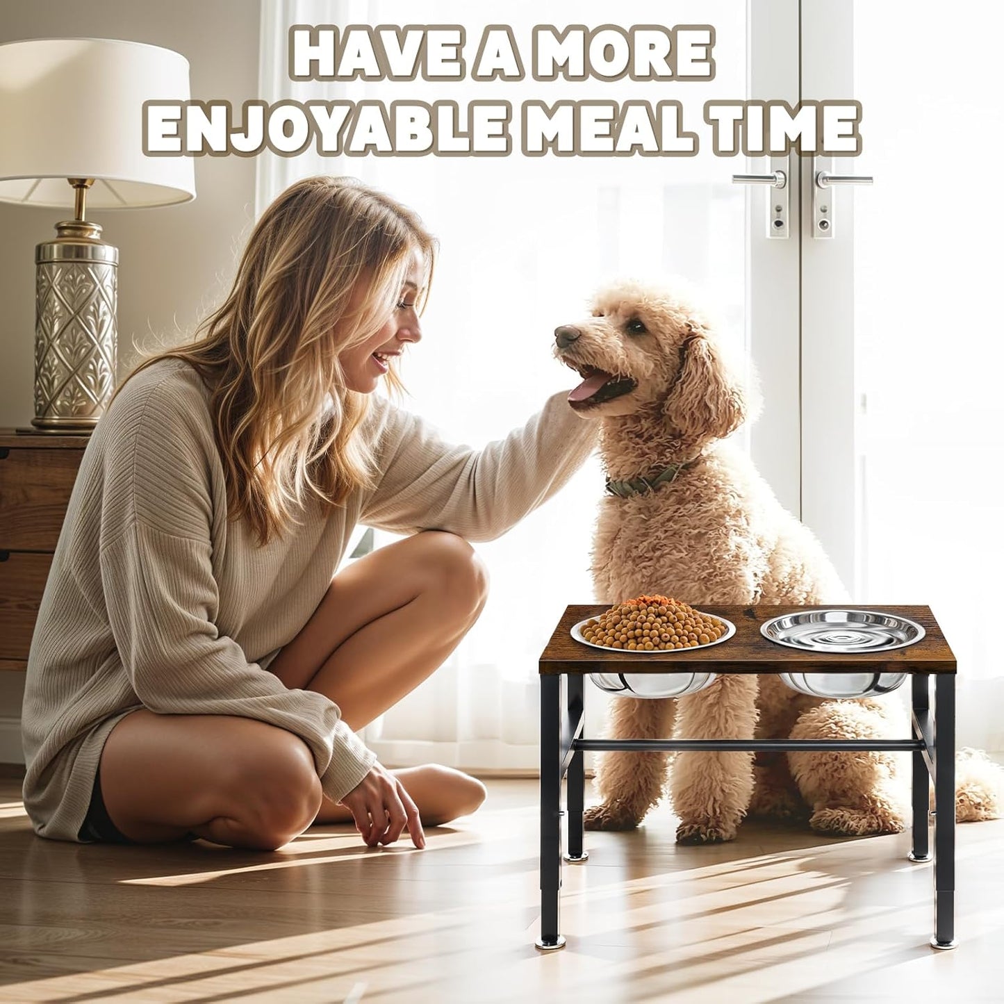 Elevated Dog Bowls, 3 Height Adjustable Raised Dog Water Food Bowl Wooden Metal Stand, 42OZ-Stainless Steel Bowls for Medium Small Dogs