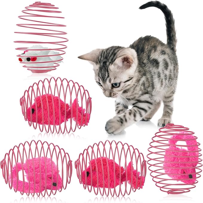 Jecery 5 Pcs Halloween Cat Spring Balls Toys Stretchable Rolling Balls Colorful Playful Coils Interactive Spring Action Toy Caged Rats for Kitten Cat Pet Supplies(Mouse,Pink,5 Pcs)