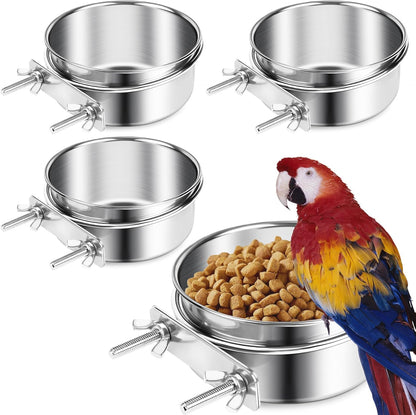 ToLanbbt 4 Pcs Stainless Steel Bird Food Bowls Water with Double Screws and Clamp Holders, Parrot Feeding Dish Cups Parrot Cage Coop Feeders for Cockatiel Conure Budgie Parakeet Macaw Small Animal, M